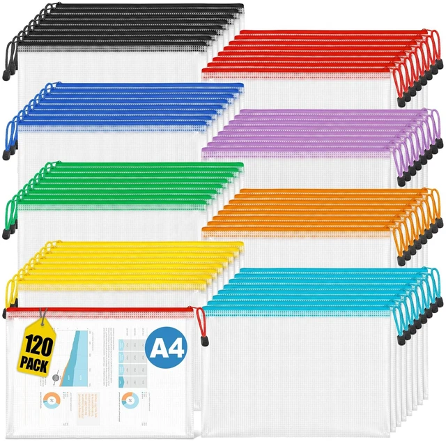 Main image of 120 Pack Mesh Zipper Pouch Bags, A4 Mesh Bags with Zippers in 8 Color, Waterproof Zip File Folder Pouch for Organization Storage, Letter Size Zippers Bag for Classroom/Home/Office