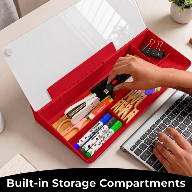 Alt view image 7 of 7 - Red/White Glass Desktop Whiteboard with Storage, Dry Erase Board Work Desk Organizers, Computer Keyboard Stand, Home Office Desk Accessories, Workspace Deskboard Buddy, Small White Board