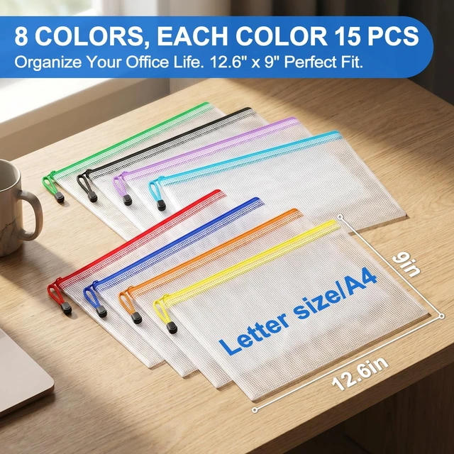 Alt view image 2 of 7 - 120 Pack Mesh Zipper Pouch Bags, A4 Mesh Bags with Zippers in 8 Color, Waterproof Zip File Folder Pouch for Organization Storage, Letter Size Zippers Bag for Classroom/Home/Office