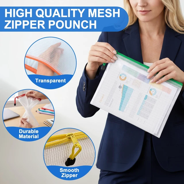 Alt view image 4 of 7 - 120 Pack Mesh Zipper Pouch Bags, A4 Mesh Bags with Zippers in 8 Color, Waterproof Zip File Folder Pouch for Organization Storage, Letter Size Zippers Bag for Classroom/Home/Office