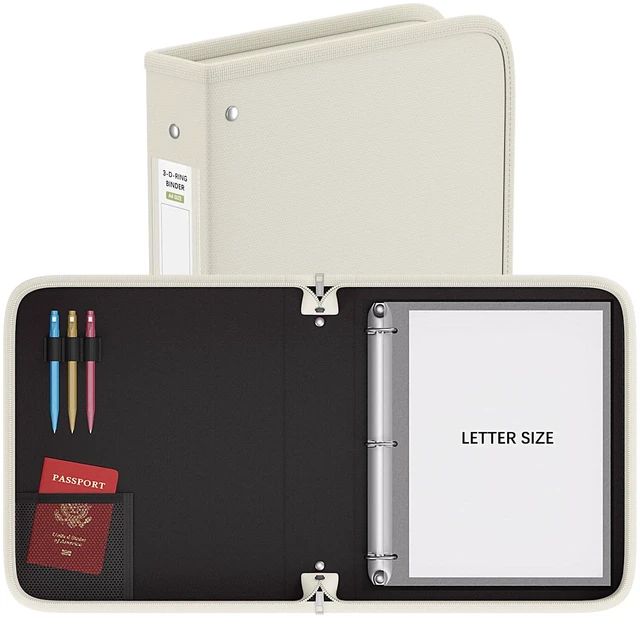 Alt view image 2 of 7 - Fireproof 3 Ring Binder with Zipper, 1.5" D Rings Holds 375 Sheets Fits Letter Size,Compatible with Clear Page Protectors,Built-in Net Pouch Pen Holder,Portable Safe Storage,1 Pack,White