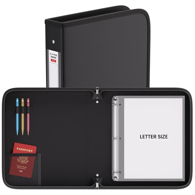 Alt view image 3 of 7 - Fireproof 3 Ring Binder with Zipper, 1.5" D Rings Holds 375 Sheets Fits Letter Size,Compatible with Clear Page Protectors,Built-in Net Pouch Pen Holder,Portable Safe Storage,1 Pack,Black