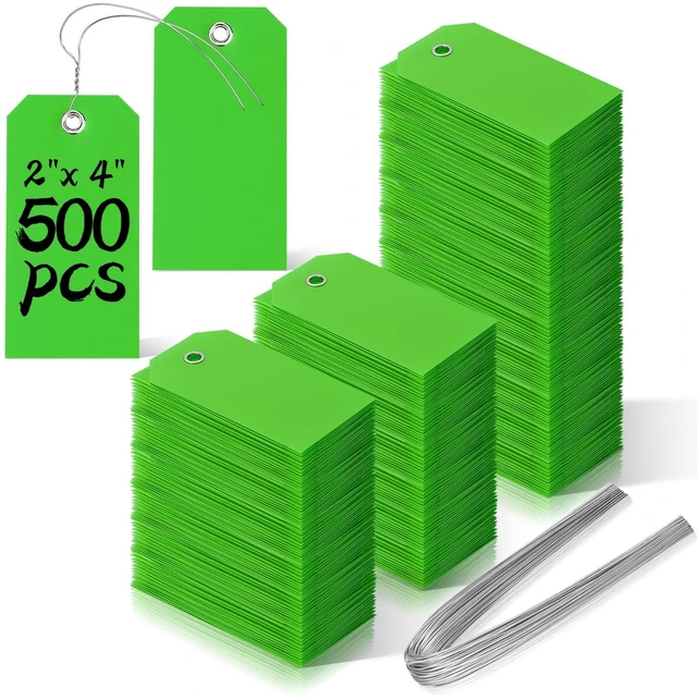 Main image of 500 Pieces Plastic Shipping Tags with Wire Waterproof Hang Tags Heavy Duty Labeling Tags with String Wires Tags Labels Labeling Tags Stacking Tags for Equipment Car Parts (Green, 2x4)
