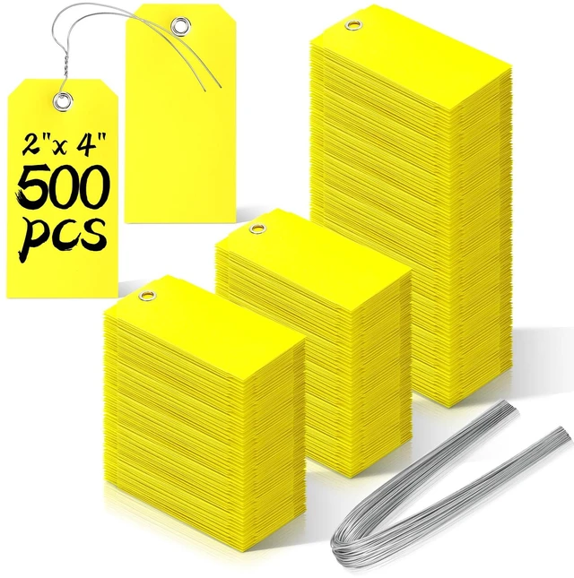 Main image of 500 Pieces Plastic Shipping Tags With Wire - Waterproof Heavy Duty Labeling Tags With String Wires for Equipment Car Parts (Yellow, 2x4)