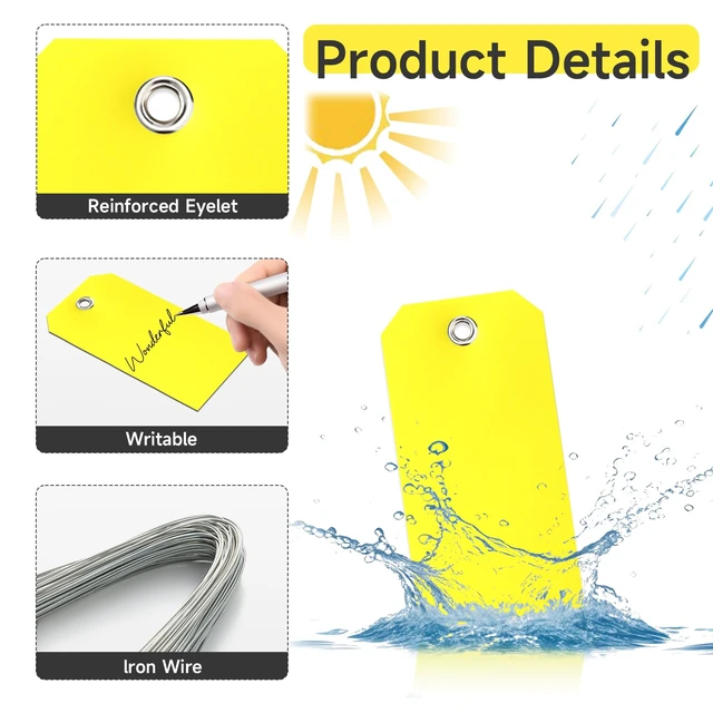 Alt view image 3 of 7 - 500 Pieces Plastic Shipping Tags With Wire - Waterproof Heavy Duty Labeling Tags With String Wires for Equipment Car Parts (Yellow, 2x4)