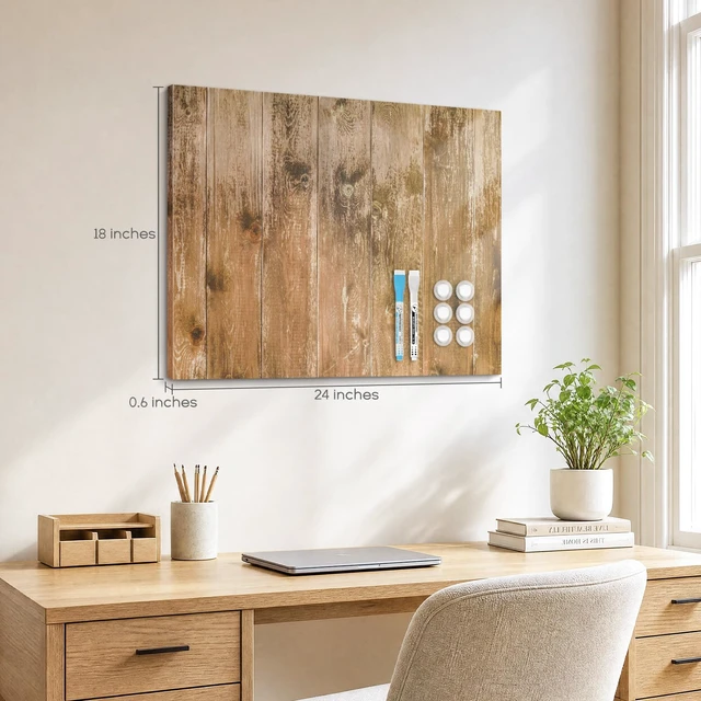 Alt view image 7 of 7 - Decorative Magnetic Board for Wall, 24''x18'' Dry Erase Board, Brown Wood Magnet Board, Display Board, Wall Mounted, for Home, Office, Kitchen, 2 Markers, 6 Magnets