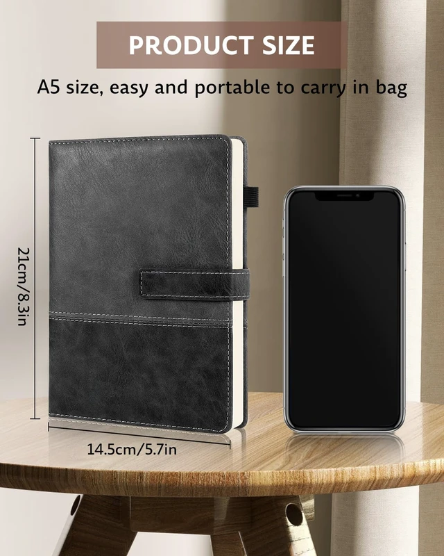 Alt view image 3 of 7 - Leather Journal for Men Women with Pen, A5 5.7"×8.3" Hardcover Notebook Lined Journal 240 Pages with Magnetic Closure, Daily Journal Notebook for Writing Note Taking, Business, Work, Travel (Black)