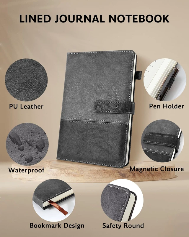 Alt view image 2 of 7 - Leather Journal for Men Women with Pen, A5 5.7"×8.3" Hardcover Notebook Lined Journal 240 Pages with Magnetic Closure, Daily Journal Notebook for Writing Note Taking, Business, Work, Travel (Black)