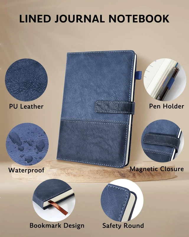 Alt view image 2 of 7 - Leather Journal for Men Women with Pen, A5 5.7"×8.3" Hardcover Notebook Lined Journal 240 Pages with Magnetic Closure, Daily Journal Notebook for Writing Note Taking, Business, Work, Travel (Blue)