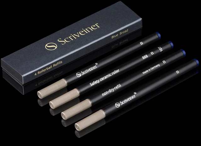 Main image of Rollerball Refill Blue Broad - 4 Rollerball Refills Designed Pens - Safety Ceramic Non Dry Roller Pen Refill B - Schmidt 888 Size Made in Germany