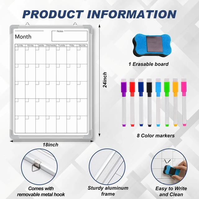 Alt view image 2 of 6 - 24" x 18" Magnetic Vertical Monthly Dry Erase Calendar for Wall Undated Horizontal Dry Erase Calendar Planner Aluminum Frame Whiteboard for Home Office Projects Wall Fridge