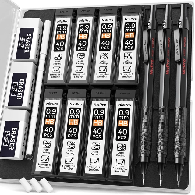 Main image of 0.9 Metal Mechanical Pencil Set with Case, 3PCS Black MP1000 0.9mm Drafting Pencil, 8 Tubes HB Lead Refills, 3PCS Erasers, Erasers Refills for Artist Writing, Drawing, Sketching