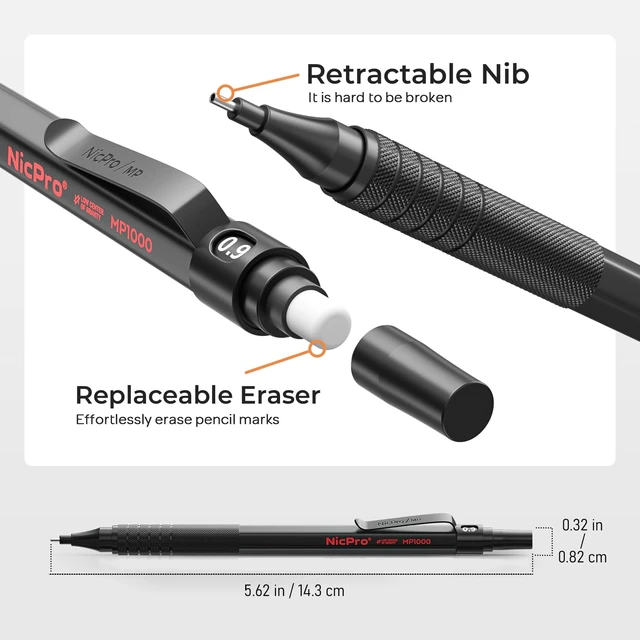 Alt view image 3 of 7 - 0.9 Metal Mechanical Pencil Set with Case, 3PCS Black MP1000 0.9mm Drafting Pencil, 8 Tubes HB Lead Refills, 3PCS Erasers, Erasers Refills for Artist Writing, Drawing, Sketching