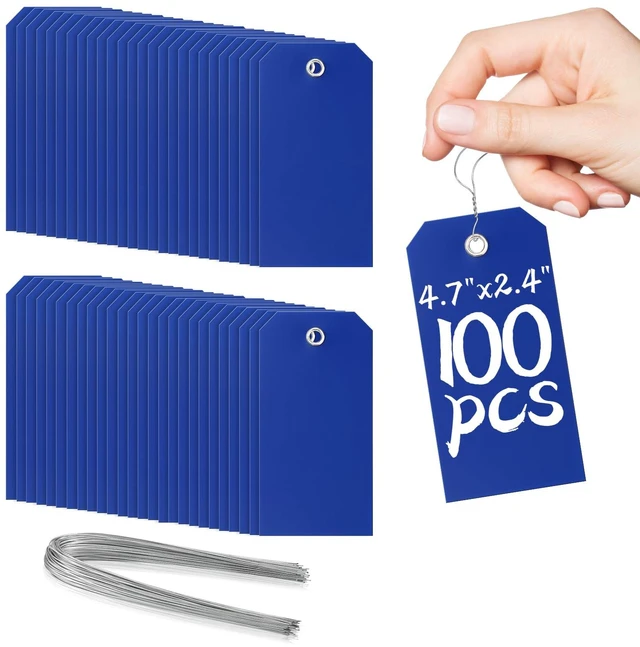 Main image of 100 Pieces Plastic Shipping Tags with Wires Blank Labeling Tags Waterproof Hang Tags with Reinforcement Hole Durable Wire Tags Labels Stacking Tags for Equipment Parts (Dark Blue, 4 3/4" x 2 3/8")