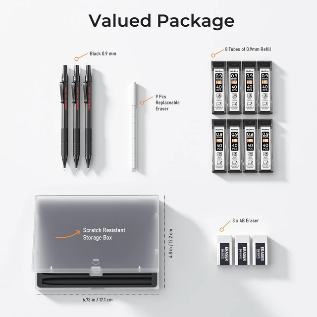 Alt view image 7 of 7 - 0.9 Metal Mechanical Pencil Set with Case, 3PCS Black MP1000 0.9mm Drafting Pencil, 8 Tubes HB Lead Refills, 3PCS Erasers, Erasers Refills for Artist Writing, Drawing, Sketching