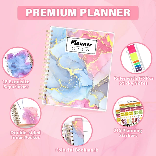 Alt view image 2 of 7 - Planner 2026-2027, 18 Months Academic Daily Weekly Monthly Calendar Planner July 2026 - Dec 2027, 7.9" x 9.8", Agenda Organizer Book with Tabs, Inner Pocket, Bookmark, Stickers, Sticky Note Set