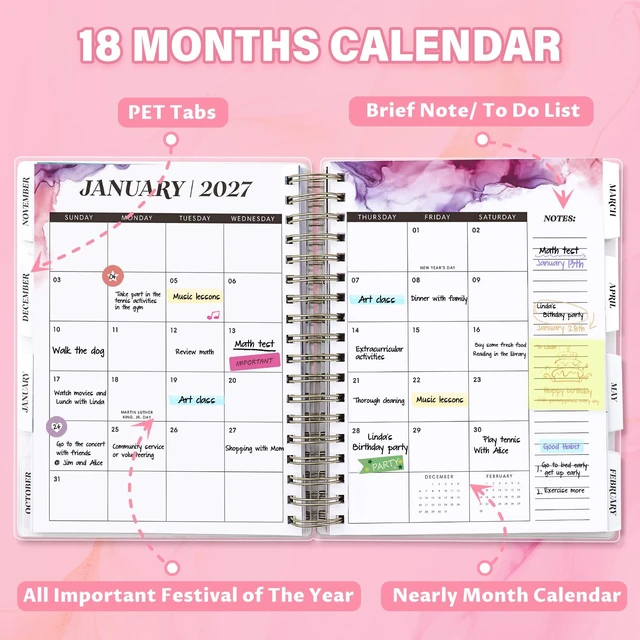 Alt view image 4 of 7 - Planner 2026-2027, 18 Months Academic Daily Weekly Monthly Calendar Planner July 2026 - Dec 2027, 7.9" x 9.8", Agenda Organizer Book with Tabs, Inner Pocket, Bookmark, Stickers, Sticky Note Set