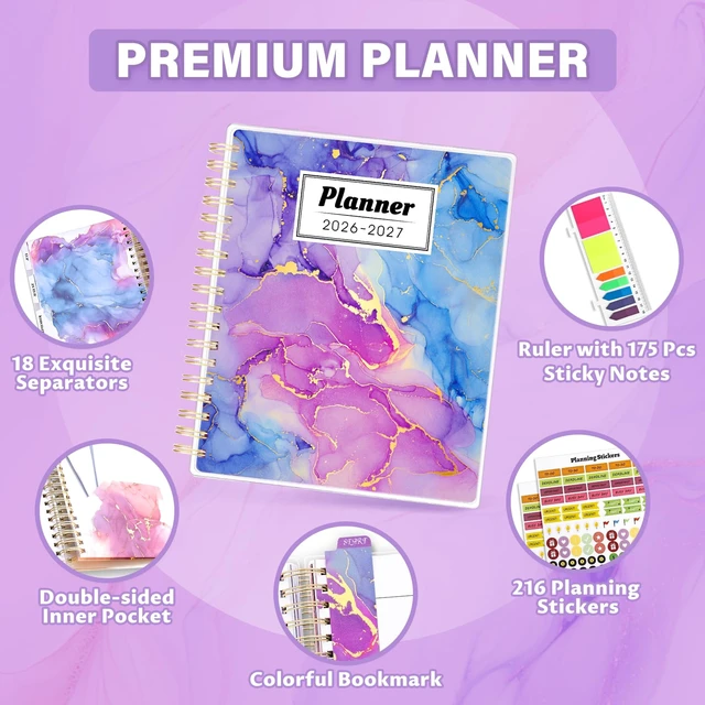 Alt view image 2 of 7 - Planner 2026-2027, 18 Months Academic Daily Weekly Monthly Calendar Planner July 2026 - Dec 2027, 7.9" x 9.8", Agenda Organizer Book with Tabs, Inner Pocket, Bookmark, Stickers, Sticky Note Set