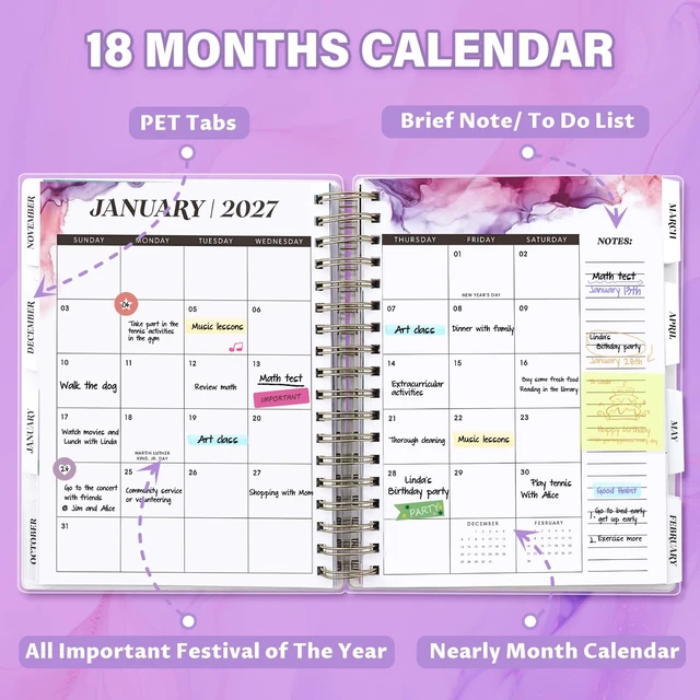 Alt view image 4 of 7 - Planner 2026-2027, 18 Months Academic Daily Weekly Monthly Calendar Planner July 2026 - Dec 2027, 7.9" x 9.8", Agenda Organizer Book with Tabs, Inner Pocket, Bookmark, Stickers, Sticky Note Set