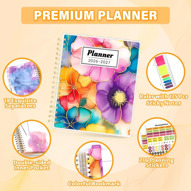Alt view image 2 of 7 - Planner 2026-2027, 18 Months Academic Daily Weekly Monthly Calendar Planner July 2026 - Dec 2027, 7.9" x 9.8", Agenda Organizer Book with Tabs, Inner Pocket, Bookmark, Stickers, Sticky Note Set