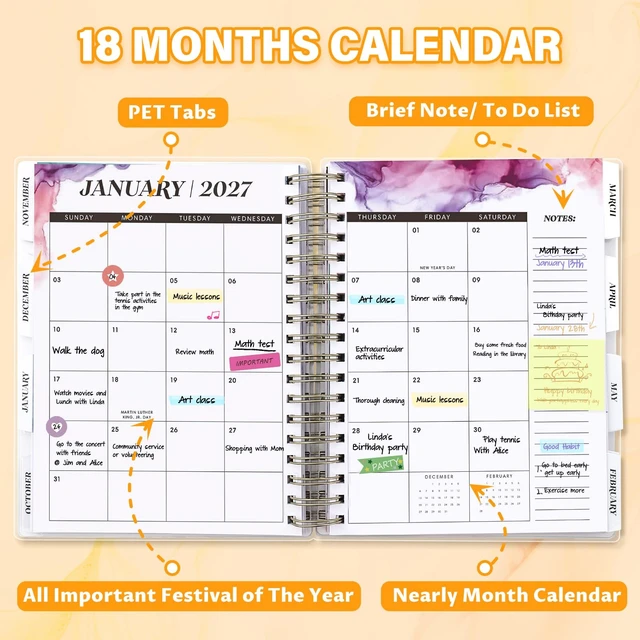 Alt view image 4 of 7 - Planner 2026-2027, 18 Months Academic Daily Weekly Monthly Calendar Planner July 2026 - Dec 2027, 7.9" x 9.8", Agenda Organizer Book with Tabs, Inner Pocket, Bookmark, Stickers, Sticky Note Set