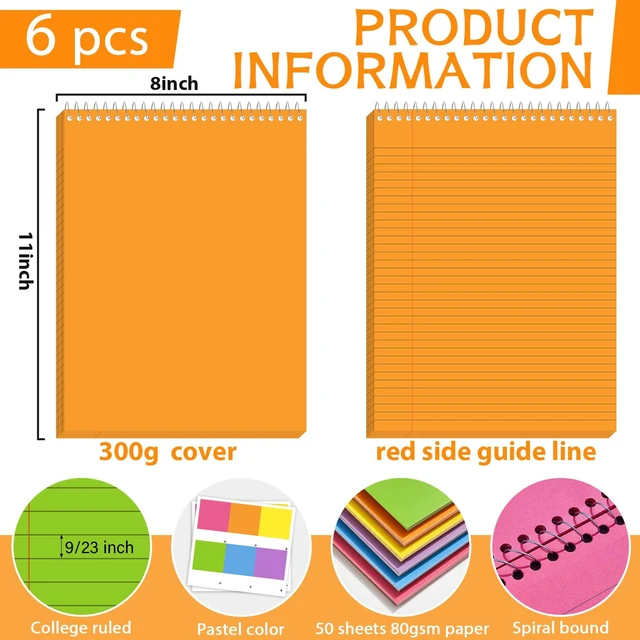 Alt view image 2 of 7 - 6Pcs Colorful Top Spiral Notebooks 8.5x11 College Ruled Steno Pad 8.5x11 Aesthetic Legal Pad, 6 Pack 53-Sheet Colored Paper, Top Bound Steno Pad for Writing School Office Supplies Note Taking