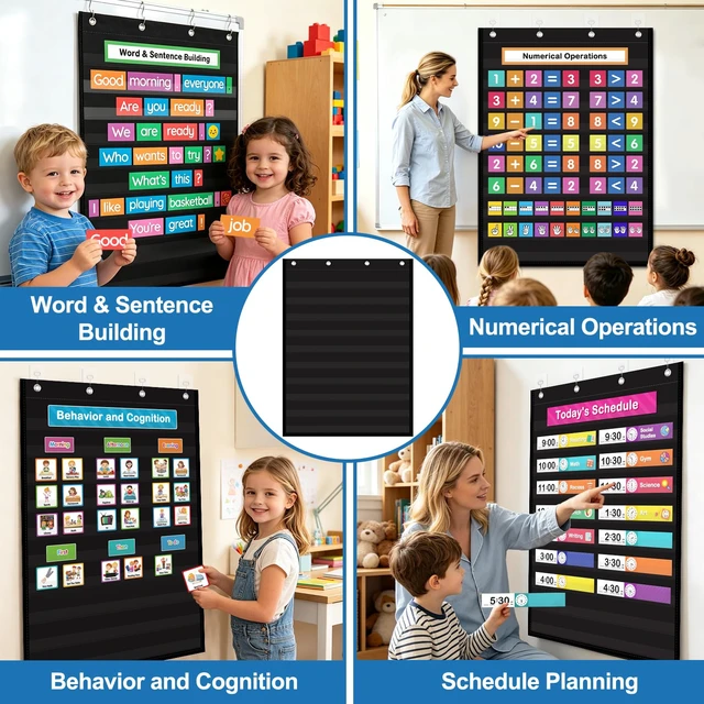 Alt view image 2 of 7 - 10-Pocket Standard Pocket Chart for Classroom & Homeschool,Black Heavy Duty Hanging Design, Fits 3" Sentence Strips & Word Wall Cards, Ideal for Small Groups, Teacher Supplies, 43"H×28"W