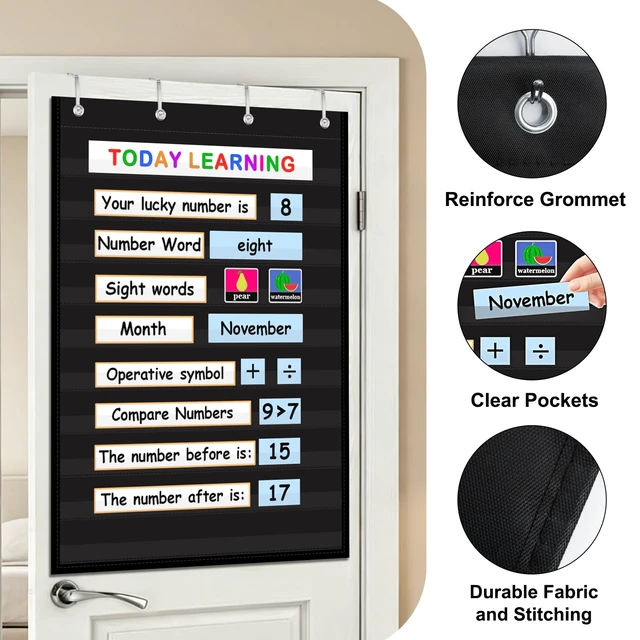 Alt view image 6 of 7 - 10-Pocket Standard Pocket Chart for Classroom & Homeschool,Black Heavy Duty Hanging Design, Fits 3" Sentence Strips & Word Wall Cards, Ideal for Small Groups, Teacher Supplies, 43"H×28"W