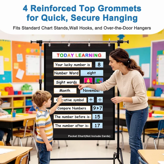 Alt view image 7 of 7 - 10-Pocket Standard Pocket Chart for Classroom & Homeschool,Black Heavy Duty Hanging Design, Fits 3" Sentence Strips & Word Wall Cards, Ideal for Small Groups, Teacher Supplies, 43"H×28"W