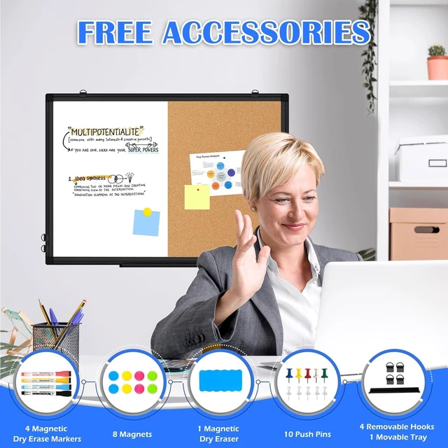 Alt view image 4 of 7 - Magnetic Dry Erase White Board Cork Board Combo for Wall with Accessories 24"x18" Vision Board Manifestation Whiteboard Corkboard Combination Aluminum Frame Home Office School Supplies ADHD Planner