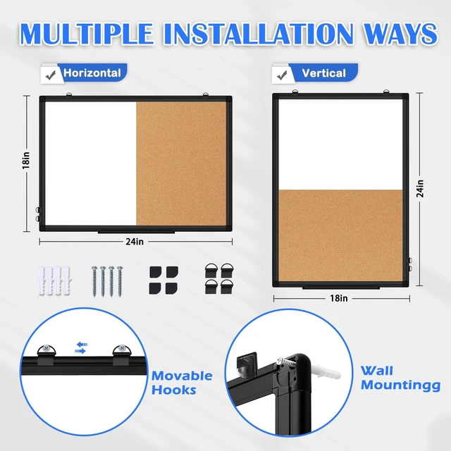 Alt view image 3 of 7 - Magnetic Dry Erase White Board Cork Board Combo for Wall with Accessories 24"x18" Vision Board Manifestation Whiteboard Corkboard Combination Aluminum Frame Home Office School Supplies ADHD Planner