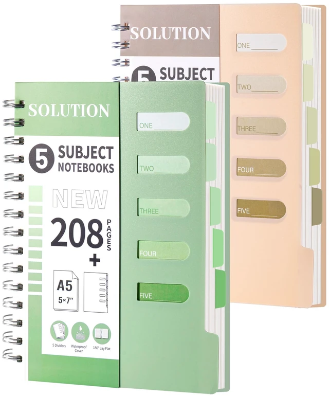 Main image of Small 5 Subject Spiral Notebook College Ruled with Dividers & Tabs,5x7,2 Pack