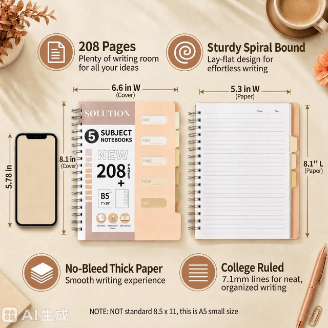 Alt view image 3 of 7 - Small 5 Subject Spiral Notebook College Ruled with Dividers & Tabs,5x7,2 Pack