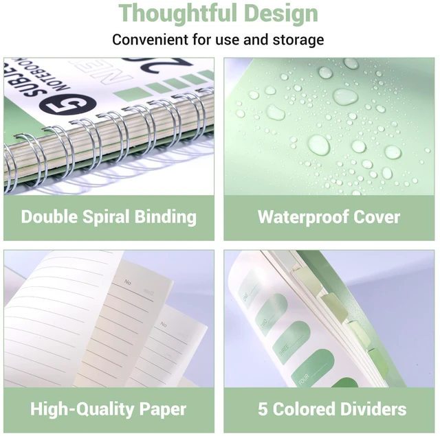 Alt view image 6 of 7 - Small 5 Subject Spiral Notebook College Ruled with Dividers & Tabs,5x7,2 Pack