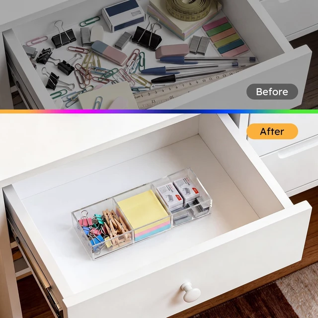 Alt view image 3 of 7 - 3 Section Clear Acrylic Drawer Organizer Tray, Office & Makeup Drawer Organizer (11.8x4.3 inch) (Pack of 2)