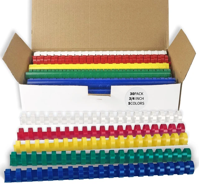 Main image of Plastic Binding Combs, 3/4 Inch, 19 Ring, Multi Color, 30 Pack Plastic Binding Combs, 3/4 Inch Diameter, 150 Sheet Capacity, for Letter Size, Multi Color (White, Yellow, Red, Green, Blue)