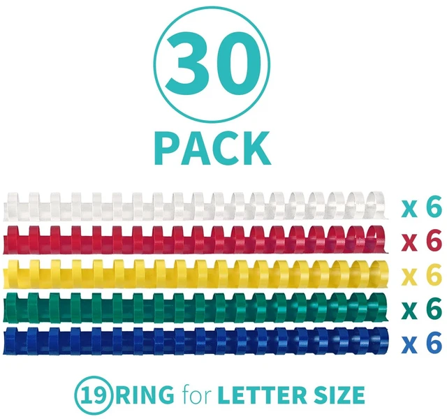 Alt view image 2 of 5 - Plastic Binding Combs, 3/4 Inch, 19 Ring, Multi Color, 30 Pack Plastic Binding Combs, 3/4 Inch Diameter, 150 Sheet Capacity, for Letter Size, Multi Color (White, Yellow, Red, Green, Blue)