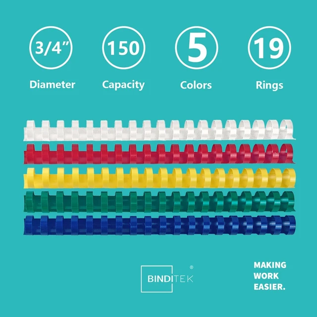 Alt view image 3 of 5 - Plastic Binding Combs, 3/4 Inch, 19 Ring, Multi Color, 30 Pack Plastic Binding Combs, 3/4 Inch Diameter, 150 Sheet Capacity, for Letter Size, Multi Color (White, Yellow, Red, Green, Blue)