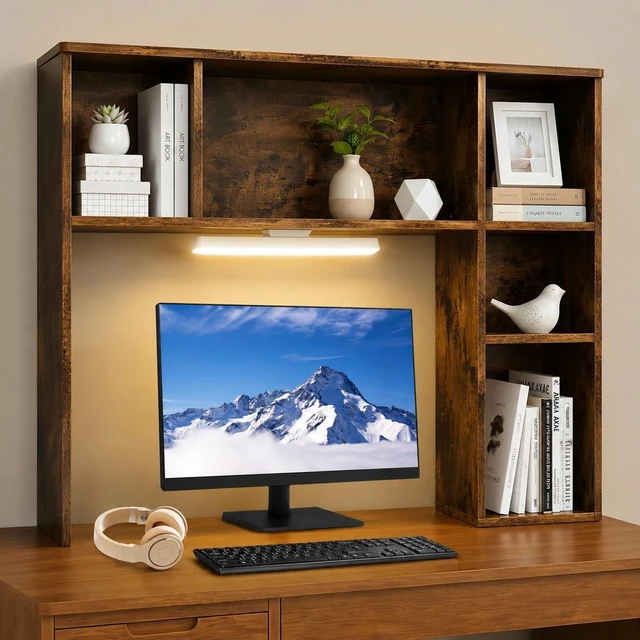 Main image of 3 Tier Desktop Bookshelf with Rechargeable Eye-Friendly LED Desk Light, Desk Hutch Organizer with 5 Shelves, Wooden Desk Bookshelf for Office, Dorm and Small Space, Brown