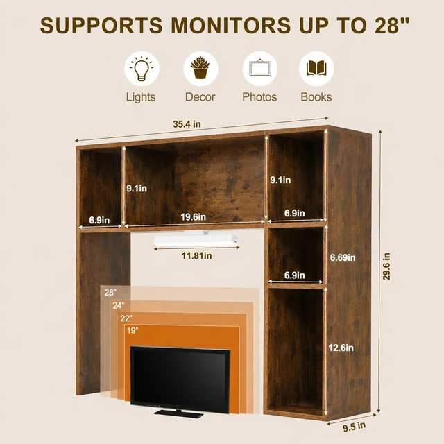 Alt view image 2 of 7 - 3 Tier Desktop Bookshelf with Rechargeable Eye-Friendly LED Desk Light, Desk Hutch Organizer with 5 Shelves, Wooden Desk Bookshelf for Office, Dorm and Small Space, Brown