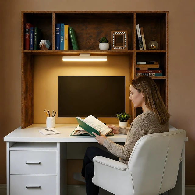 Alt view image 3 of 7 - 3 Tier Desktop Bookshelf with Rechargeable Eye-Friendly LED Desk Light, Desk Hutch Organizer with 5 Shelves, Wooden Desk Bookshelf for Office, Dorm and Small Space, Brown