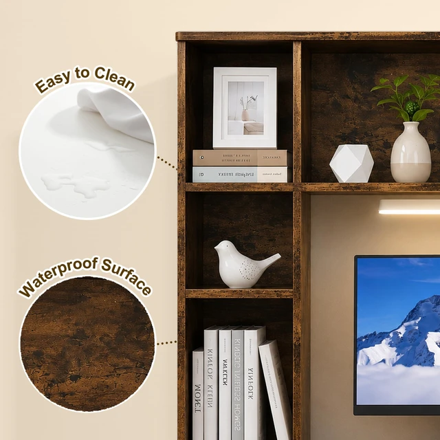 Alt view image 7 of 7 - 3 Tier Desktop Bookshelf with Rechargeable Eye-Friendly LED Desk Light, Desk Hutch Organizer with 5 Shelves, Wooden Desk Bookshelf for Office, Dorm and Small Space, Brown
