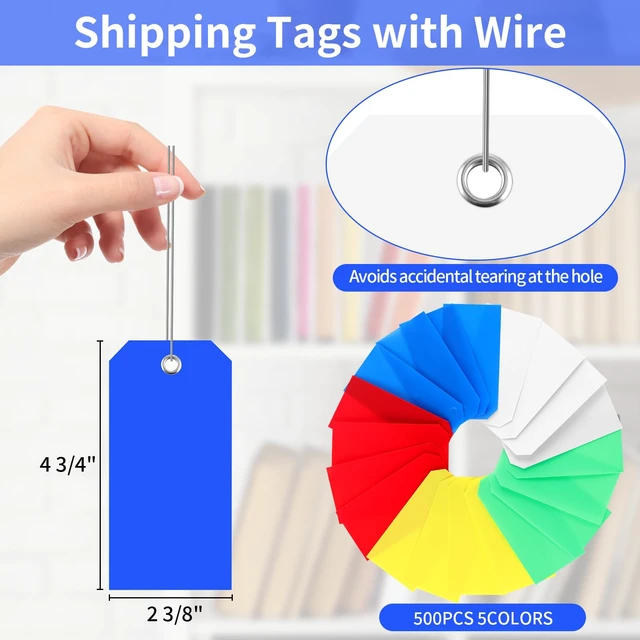 Alt view image 2 of 7 - 500 Plastic Shipping Tags with Wire - Waterproof Heavy Duty Labels with String Wires - Colorful, 4 3/4 x 2 3/8