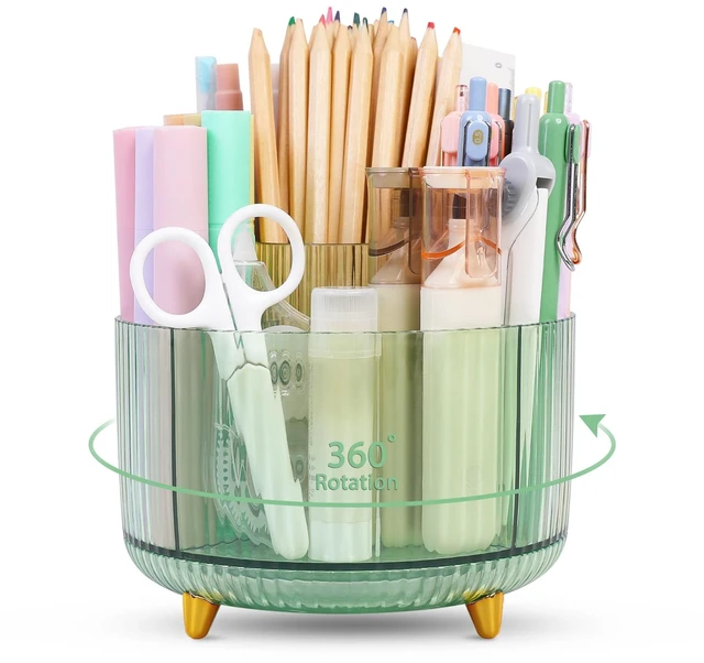 Main image of Rotating Pencil Pen Holder, Pen Organizer with 5 Slots - Aesthetic Desk Organizer and Accessories for School, Home, Office Supplies, Clear Green