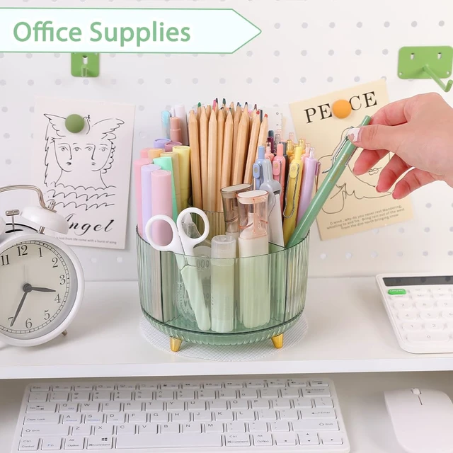 Alt view image 3 of 7 - Rotating Pencil Pen Holder, Pen Organizer with 5 Slots - Aesthetic Desk Organizer and Accessories for School, Home, Office Supplies, Clear Green