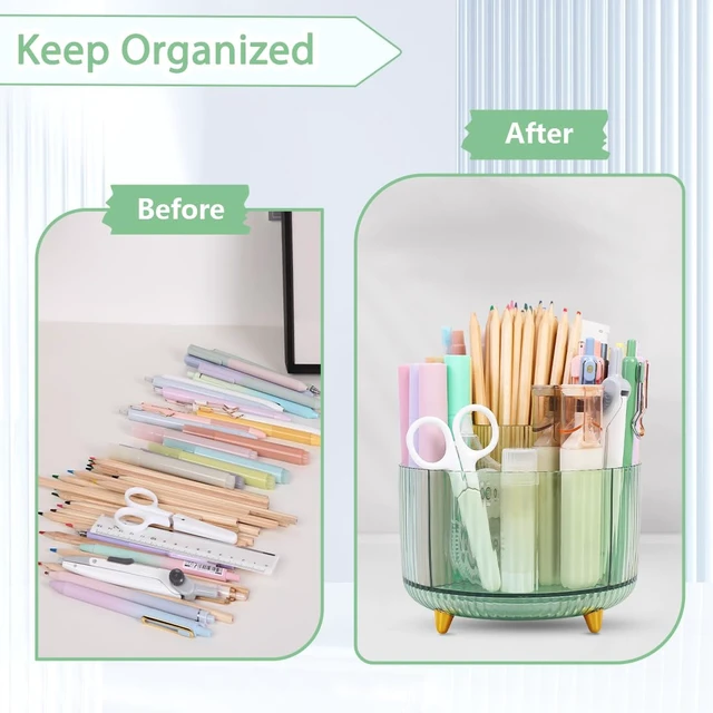 Alt view image 5 of 7 - Rotating Pencil Pen Holder, Pen Organizer with 5 Slots - Aesthetic Desk Organizer and Accessories for School, Home, Office Supplies, Clear Green