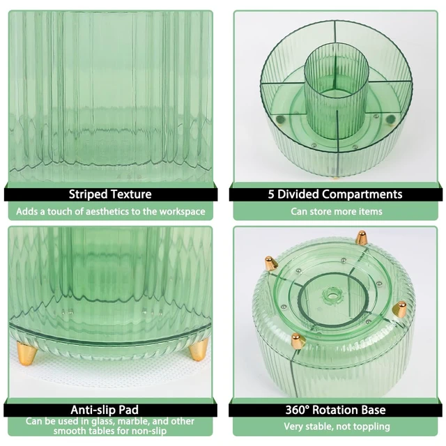 Alt view image 6 of 7 - Rotating Pencil Pen Holder, Pen Organizer with 5 Slots - Aesthetic Desk Organizer and Accessories for School, Home, Office Supplies, Clear Green