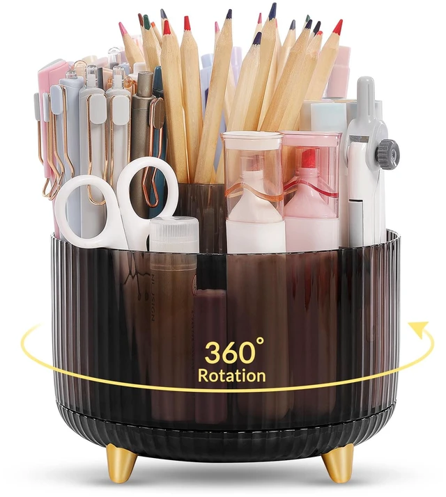 Main image of Rotating Pencil Pen Holder, Pen Organizer with 5 Slots - Aesthetic Desk Organizer and Accessories for School, Home, Office Supplies, Clear Black