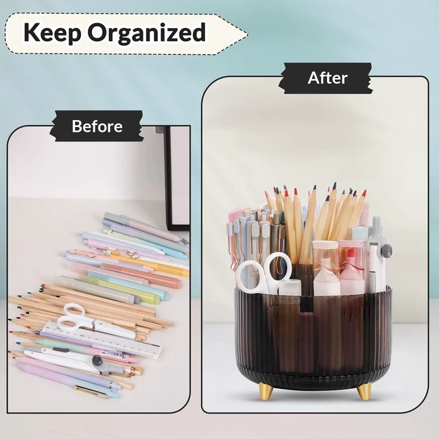 Alt view image 6 of 7 - Rotating Pencil Pen Holder, Pen Organizer with 5 Slots - Aesthetic Desk Organizer and Accessories for School, Home, Office Supplies, Clear Black