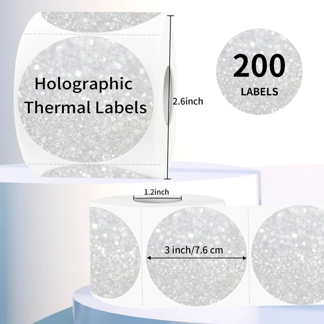 Alt view image 2 of 6 - 3" Holographic Direct Thermal Label Stickers, Round Printable Rainbow Glitter Thermal Printer Sticker Labels for Gift Wrapping, Self-Adhesive DIY Custom Logo Design- Shiny Silver
